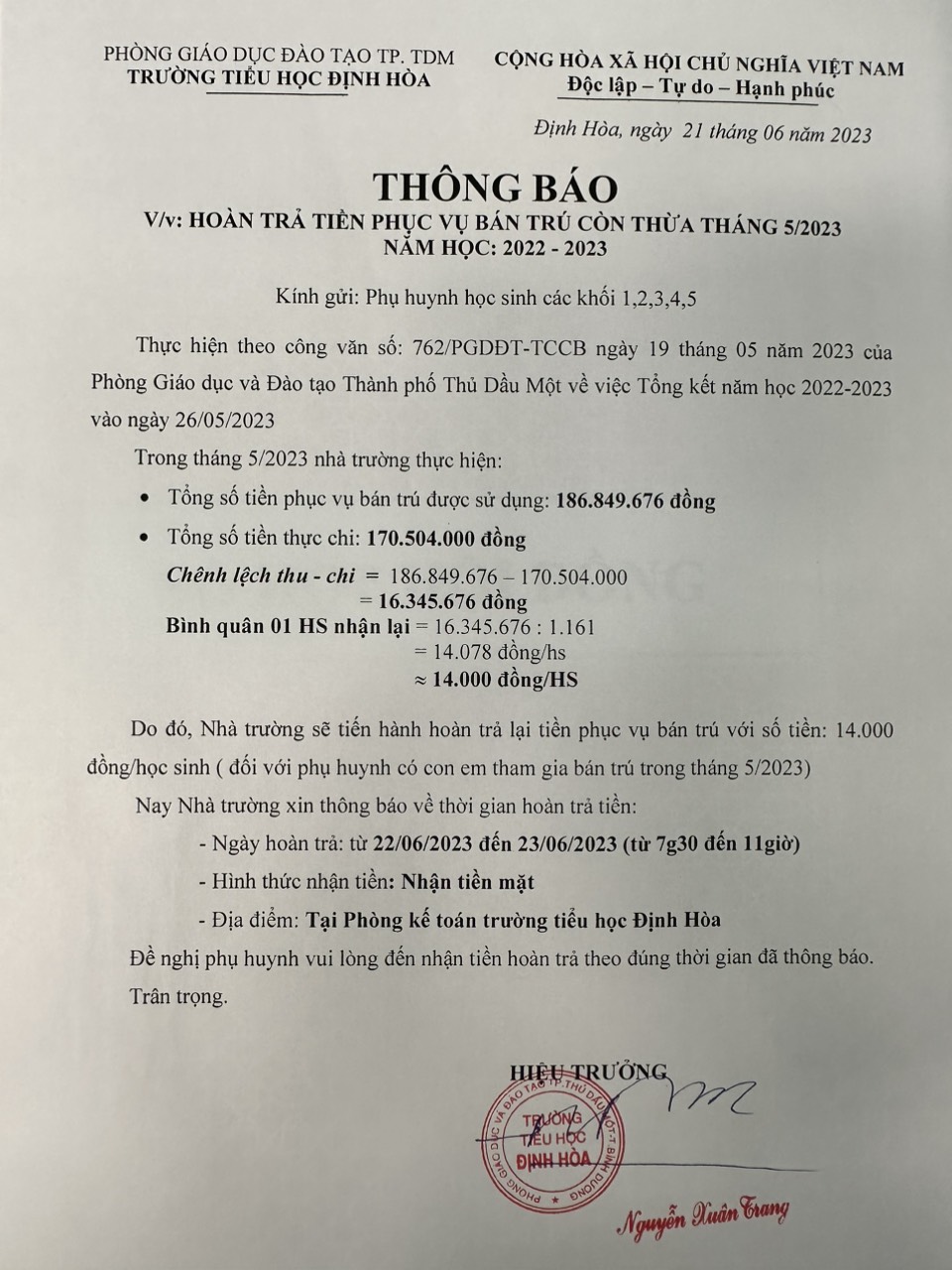 thong bao nhan tien ban tru
