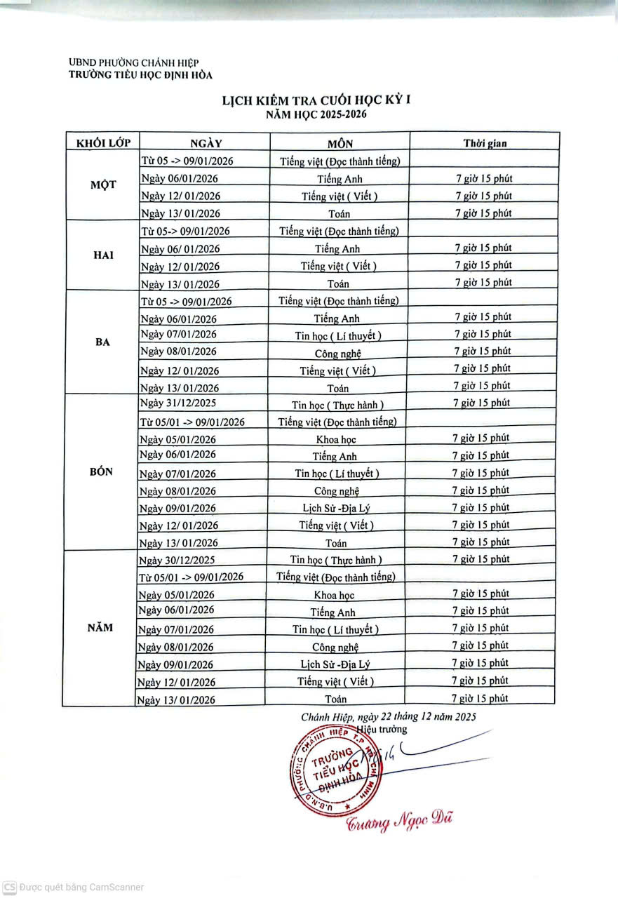 lịch kiểm tra học ki 1